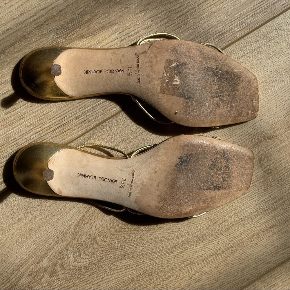 Manolo Blahnik Metallic Gold Strappy Kitten Heel Sandals - Picture 12 of 12